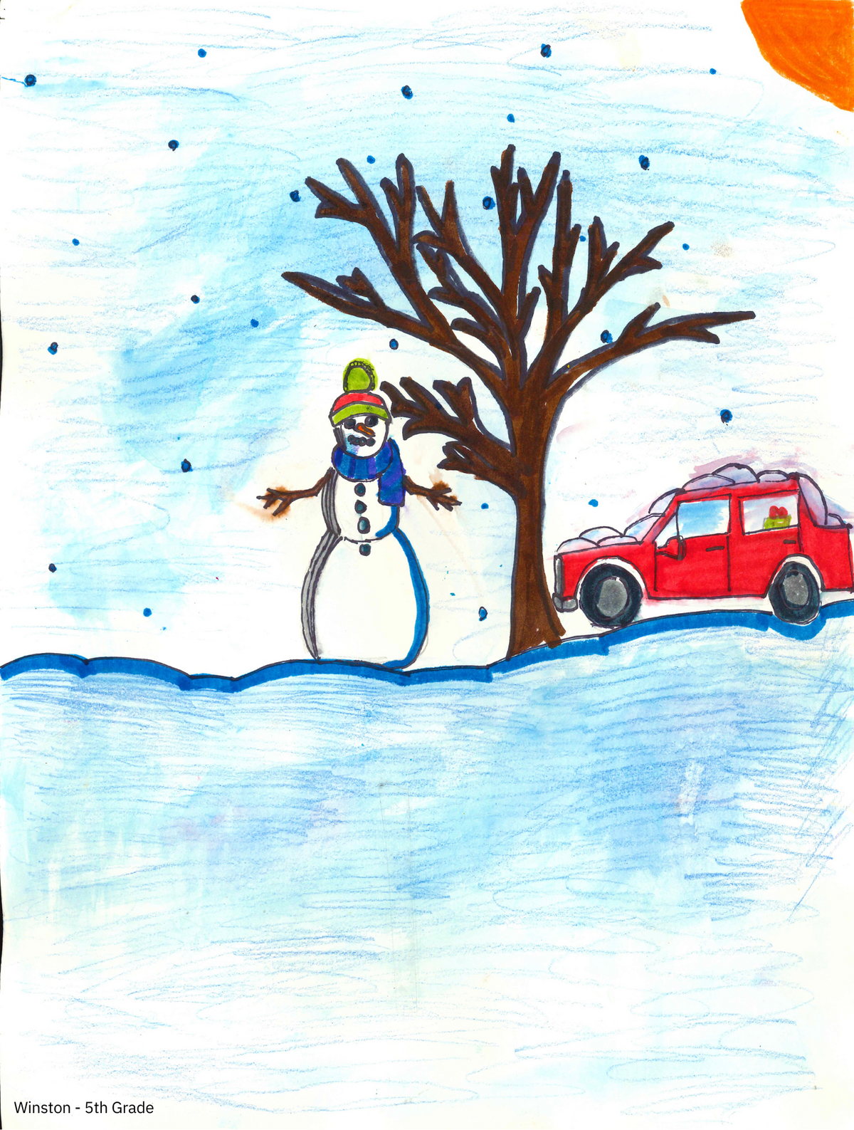 Student's artwork shows snowman outside next to a barren tree and a car covered in snow.